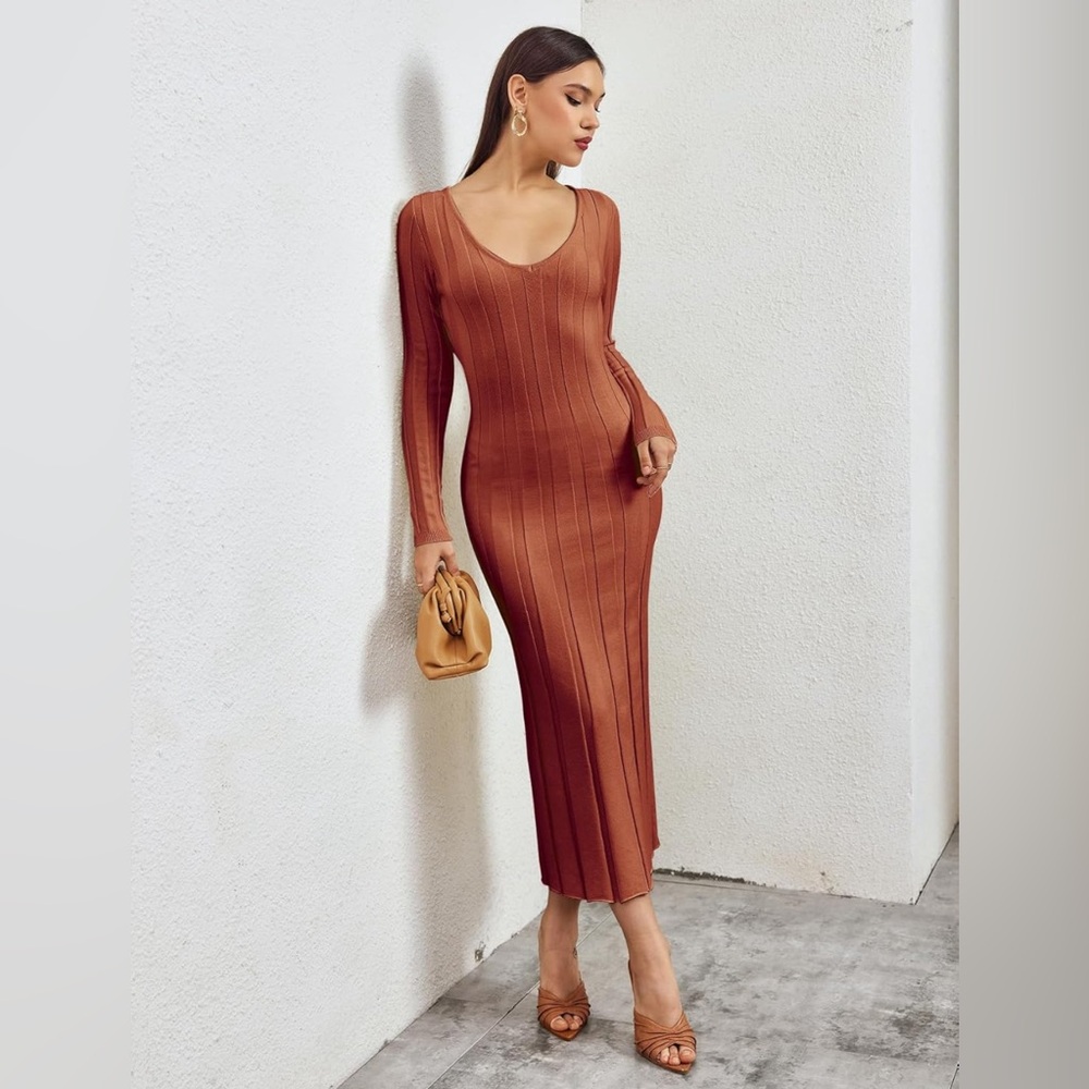 V Neck Ribbed Knit Bodycon Maxi Dresses - Rustic Orange Sz S - Picture 3 of 7